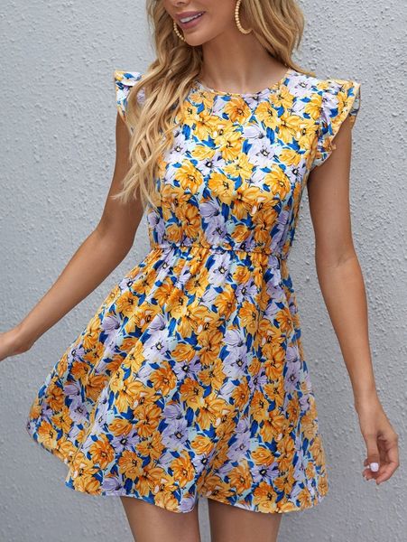 

floral print ruffle detail dress 16wq#, Black;gray