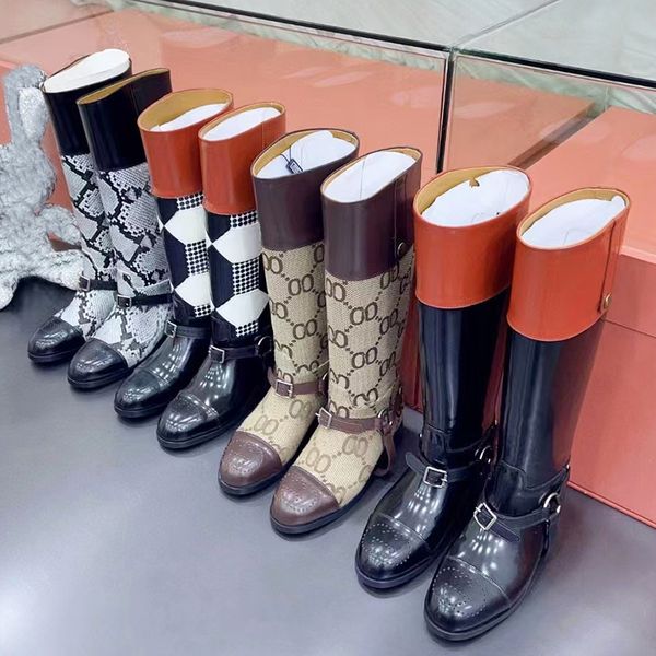 

belt buckle women's high tube knight boots british vintage round head thick heel 100% leather classic color matching plaid designer boo, Black