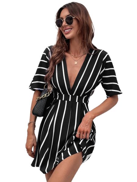 

striped plunging neck fold pleated detail dress o2nj#, Black;gray