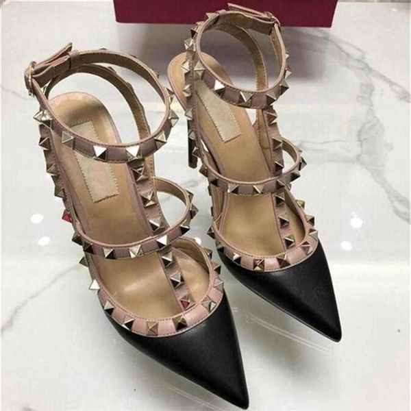 

shoes woman sandal nude fashion ankle straps rivets high heels bridal217m, Black