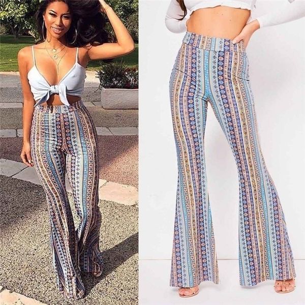 

women striped printed boho flare pants high elastic waist vintage soft stretch ethnic style bell bottom hippie pants y200418, Black;white