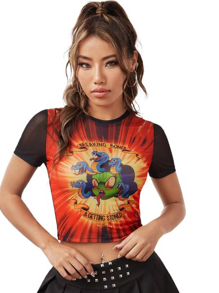 

x rubberhoses never dies letter & figure graphic mesh crop x8cu#, White