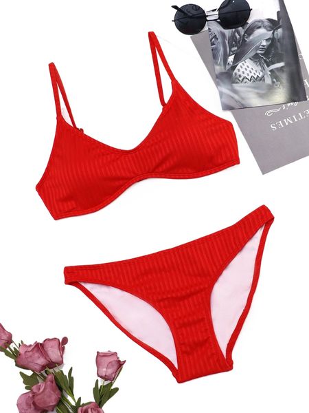 

solid ribbed knit bikini swimsuit 80t1#, White;black