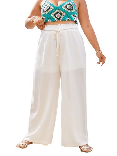 

plus paperbag waist belted wide leg pants c5lf#, Black