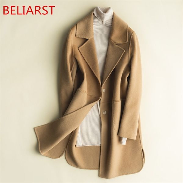

beliarst autumn and winter double-sided pure cashmere coat woman jacket long loose wool suit collar new pure color cardigan lj201110, Black