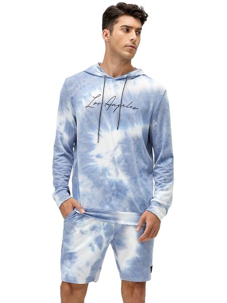 

men tie dye letter graphic drawstring hoodie & track shorts d78p#, Gray