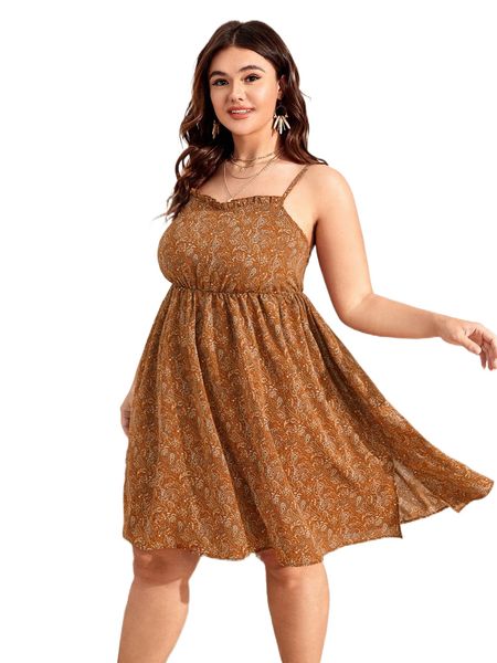 

plus allover paisley print frill trim backless cami dress a4r2#, Black