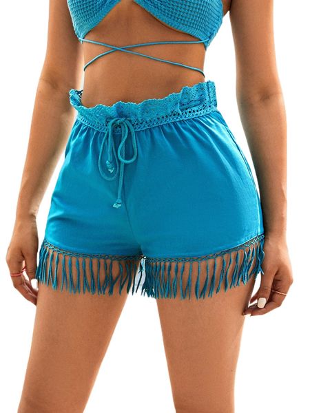 

lace trim fringe hem drawstring waist shorts m4wu#, White;black