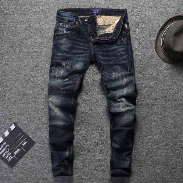 

men's jeans italian high street dark blue cat must scratch water wash frayed slim straight leg jeans young men's fashion gtkr