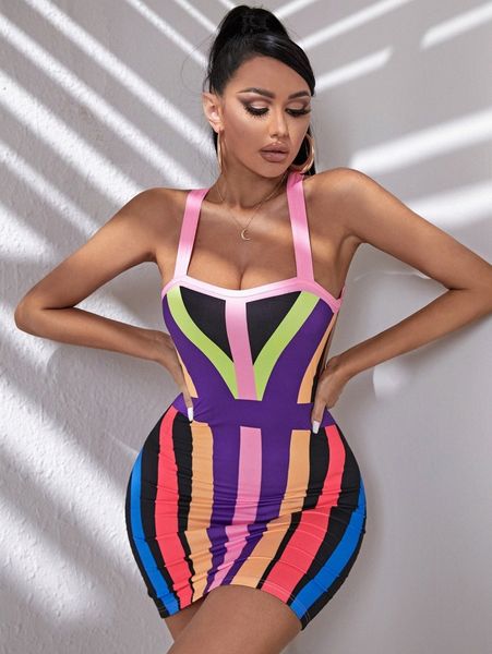 

sxy striped crisscross backless bodycon dress h55y#, Black;gray