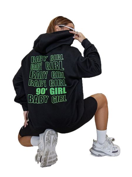 

slogan graphic drawstring hoodie a2i7#, Black