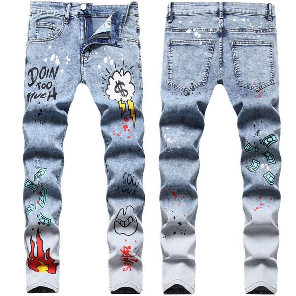 

men jeans hip-hop multicolor print shredded patch slim stretch snowflake small straight pants nn59ww, Blue