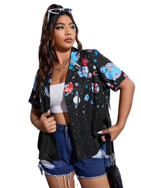 

plus galaxy print button front shirt n9mw#, Black