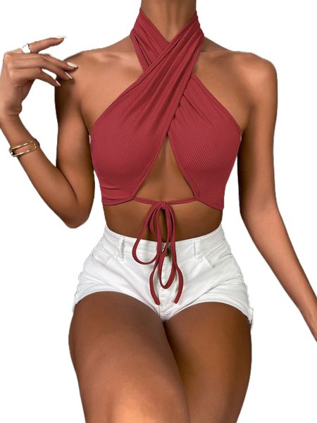 

tie front wrap cross halter crop r6do#, White