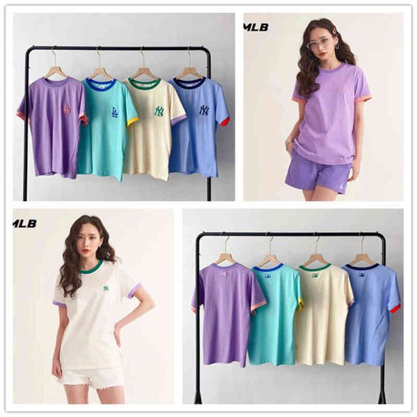 

women's t-shirt mlb summer half sleeve round neck loose pullover panel contrast small label ny short t-shirt men and women lovers fashi, White