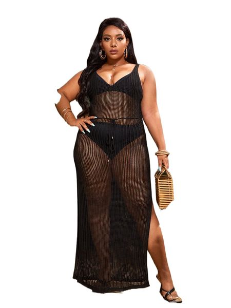 

plus slit thigh cover up dress t4gf#, Black