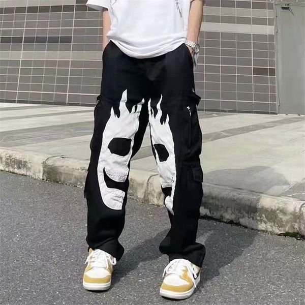 

skull embroidery pockets cargo pants harajuku men and women hip hop oversize elastic waist overalls loose streetwear trousers 220708, Black