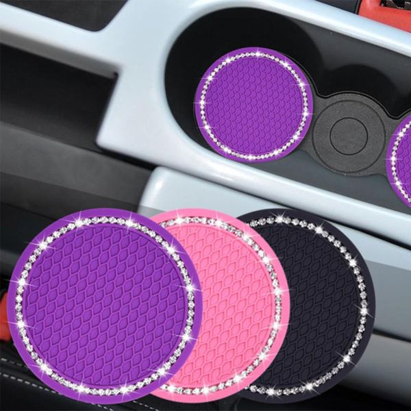 

1pcs universal 7cm car style coasters pad pink cup holder mat rhinestone waterproof anti slip vehicle interior accessories
