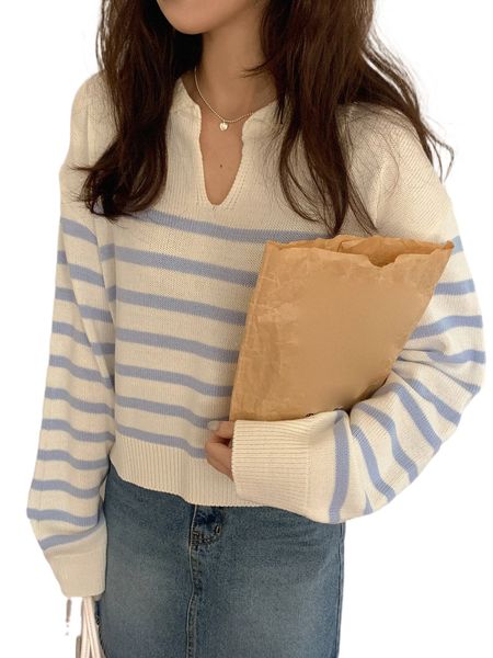 

dazy stripe pattern collared drop shoulder sweater i4cw#, White;black