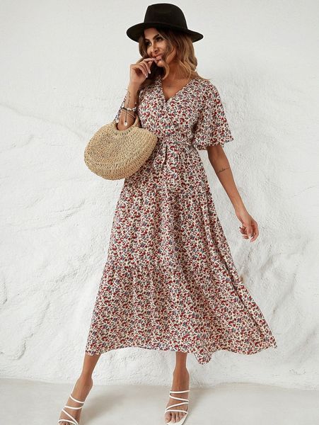 

ditsy floral print belted ruffle hem dress 175u#, Black;gray