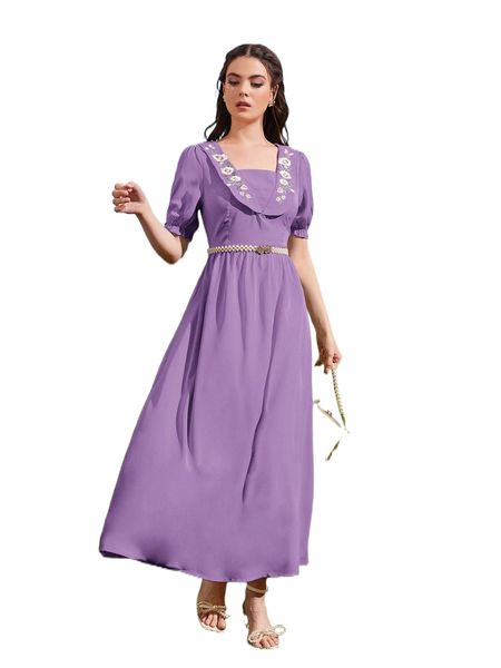 

floral embroidery square neck flounce sleeve a-line dress b0ga#, Black;gray