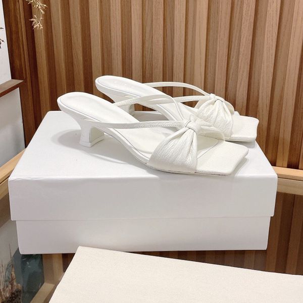 

designer sandal spring summer bow full real leather slippers kitten heel shoes stiletto heels square toe slides sand grained leather mules, Black