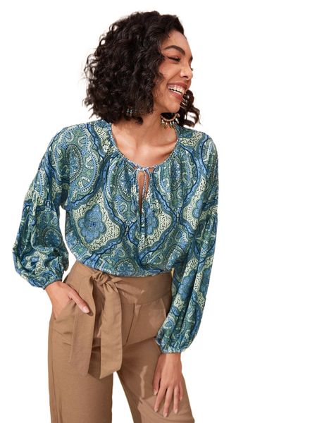 

all over print tie front bishop sleeve blouse p9fs#, White