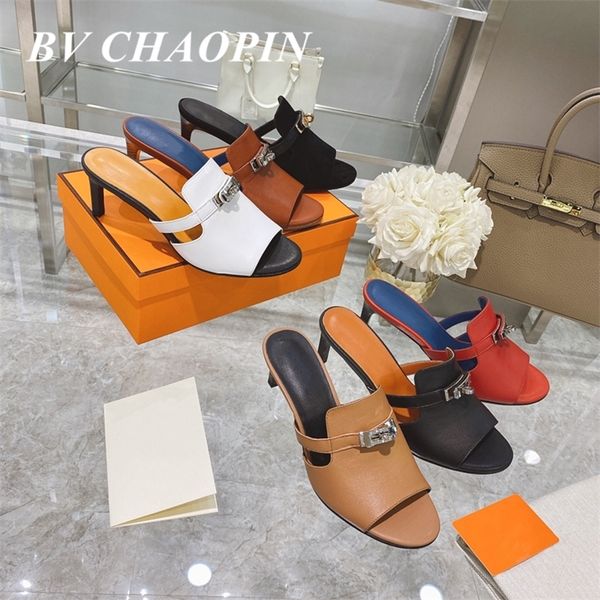 

30% off 2022 sandals women summer genuine leather high heels slippers metal decoration gladiator slides open-toes designer party dressshoes, Black