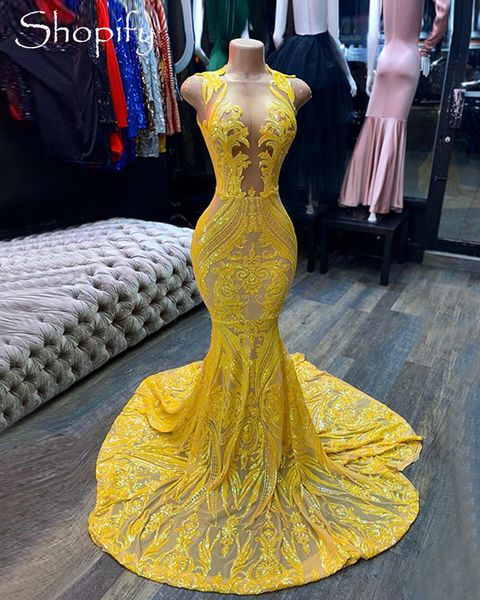 

long yellow prom dresses 2022 mermaid sheer o-neck sequined african black girls evening formal party gala gowns 0329