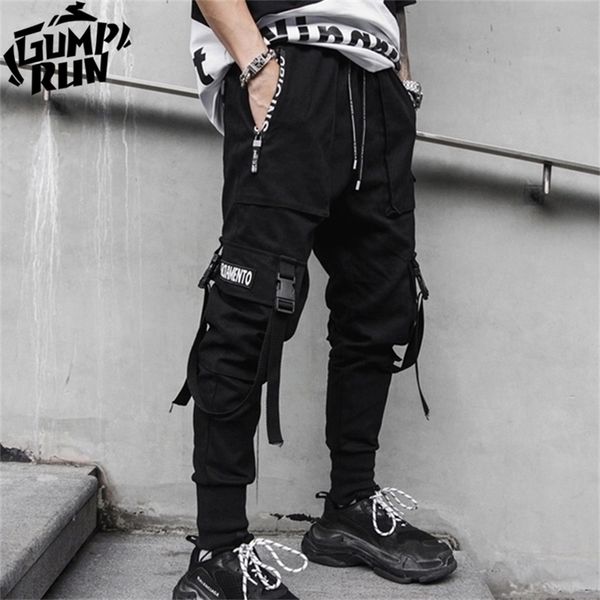 

men's pants hip hop jogger black harem overalls multi pocket ribbon sports streetwear casual 220827