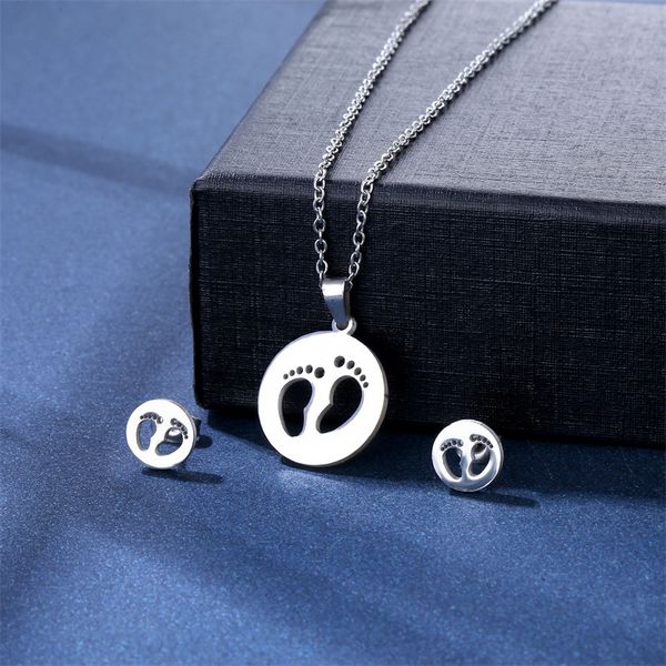 

stainless steel hollow design pendant baby footprint birthday gift necklace stud earrings set round simple memorial jewelry, Silver