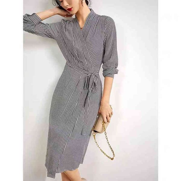 

casual dresses early spring qianniao check silk mulberry tea break skirt medium long wrap waist a-shaped dress for women, Black;gray