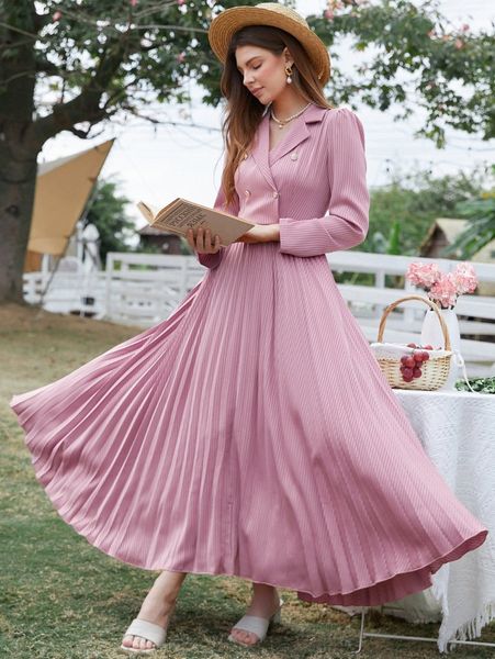 

lapel collar puff sleeve pleated hem satin dress d2eu#, Black;gray
