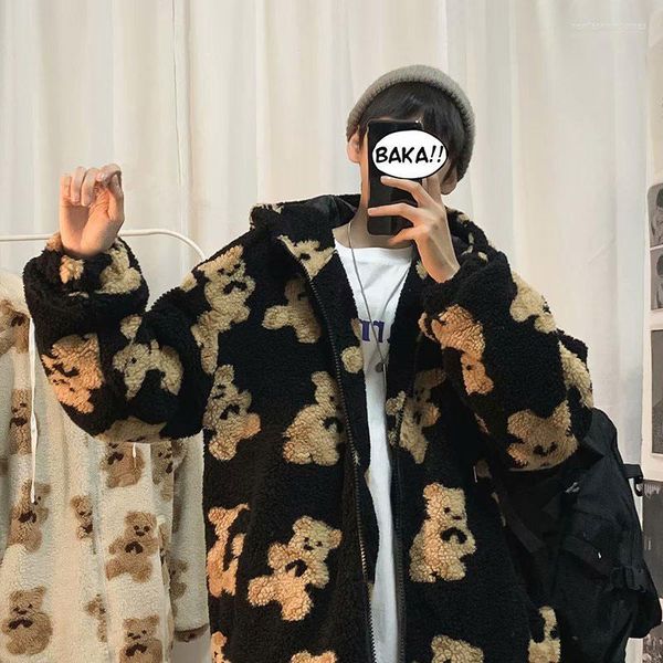 

men's hoodies & sweatshirts men cartoon bear lamb wool hooded coat casual oversized zip up sweatshirt 2022 winter hoodie jacket cute, Black