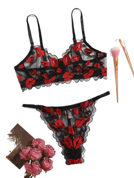 

lip embroidery mesh scallop trim underwire lingerie set j7tt#, Black;red