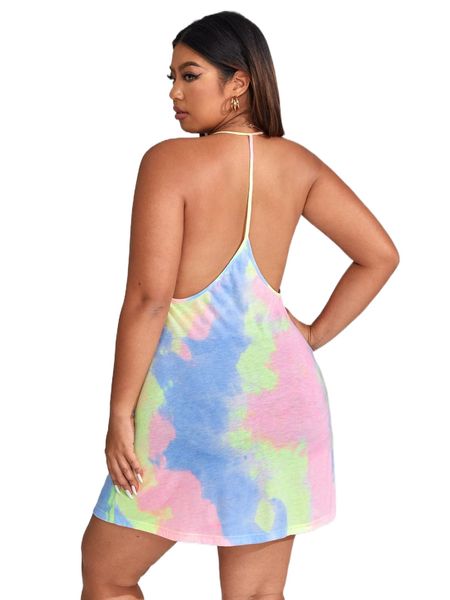 

plus tie dye halter dress j7f8#, Black