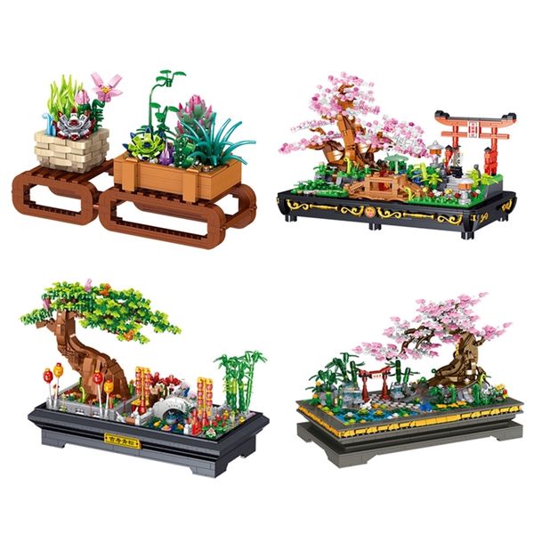Bloco de construção de plantas de jardim Flor Diy Simulação Pine Árvore Cherry Blossom Bonsai Modelo Modelo Brick Home Decoration Toy Gift 220715