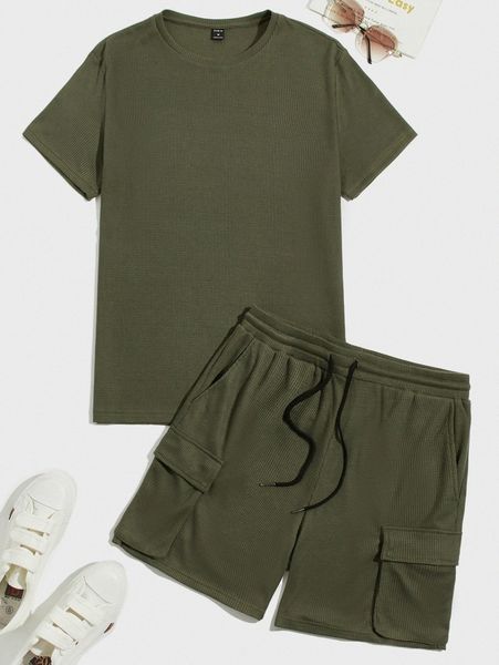 

men solid tee & drawstring waist shorts set f4jr#, Gray