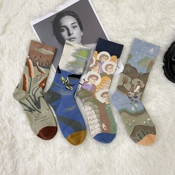 

men's and women's combed cotton socks color silk stockings oil painting printing cartoon creative portrait plants animals abstract, Black