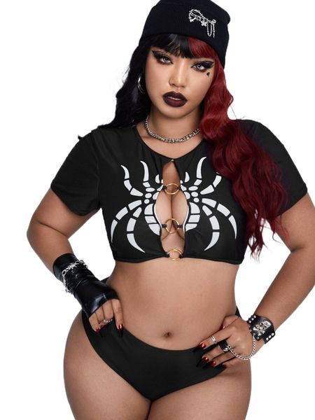 

plus spider print cut out o-ring high waist bikini swimsuit c5de#, White;black