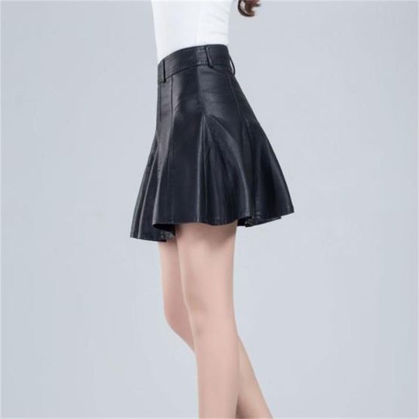 

woman spring a-line pu skirts female fall black slim skirt lady high culottes leather jupe falda