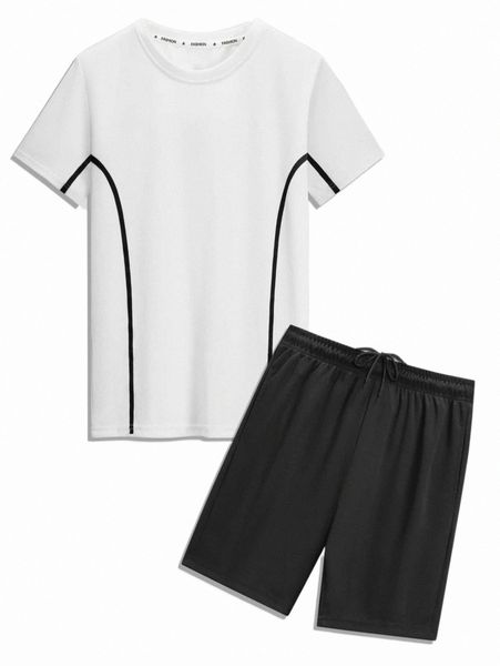 

men striped print tee & drawstring waist shorts e1rk#, Gray