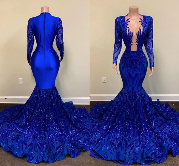 

royal blue mermaid evening dresses real image long sleeve sparkly sequins applique trumpet african black girls prom gala gowns