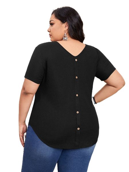 

emery rose plus button back curved hem tee 39ic#, Black