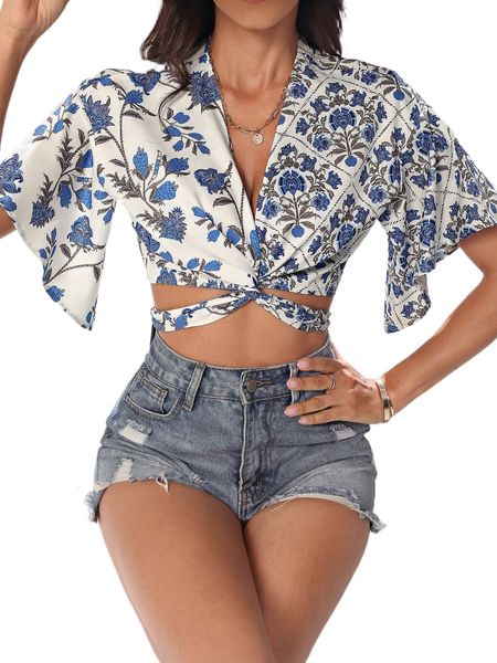 

floral print twist front tie back crop blouse a2yl#, White