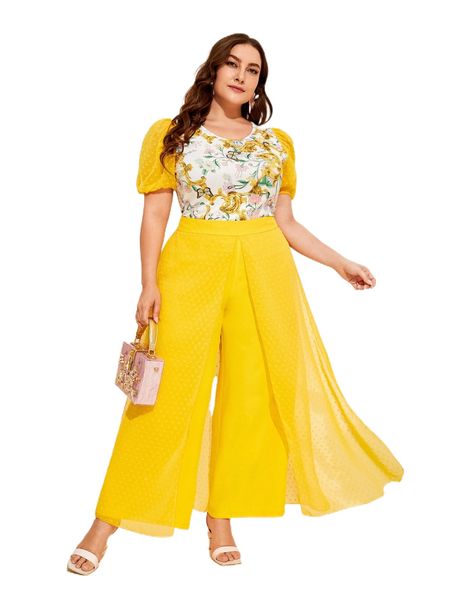 

plus floral & baroque print swiss dot puff sleeve tee 39gd#, Black