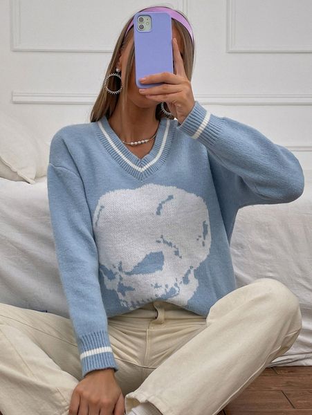 

skull pattern contrast binding v neck sweater 8120#, White;black