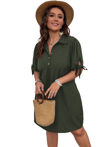 

plus knot cuff quarter button shirt dress b1gz#, Black