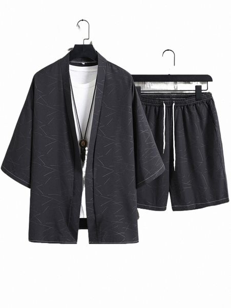 

men random print kimono & shorts without tee t05c#, Gray