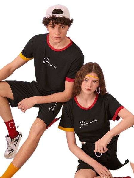 

1pc letter graphic contrast panel tee & 1pc shorts t4lr#, Gray